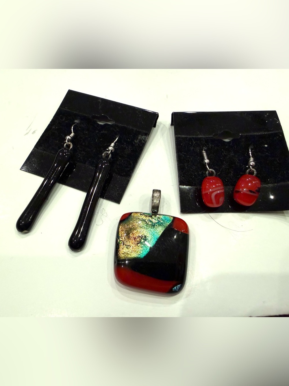 Artisan Fused Glass Pendant Earrings Set Red Black Gold Dichroic Handmade